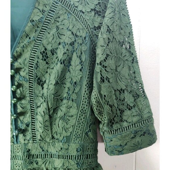 Metisu Dress Forest Green Ivy Lace Pattern Lined Overlay V-neck Size S - Picture 10 of 16